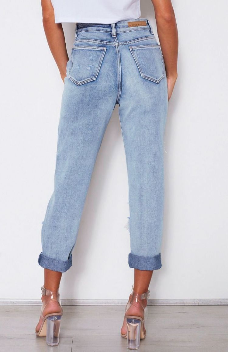 Vêtements pour femmes taille haute ample délavé denim irrégulier asymétrique déchiré pantalon