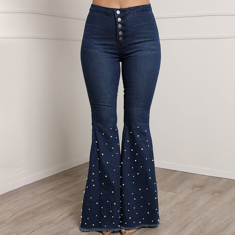 Stretch Jeans Beaded Bell-Bottom Pants Women