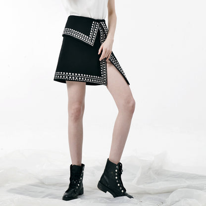 Heavy Industry Punk High Waist Rivet Beaded Asymmetric Split Skirt