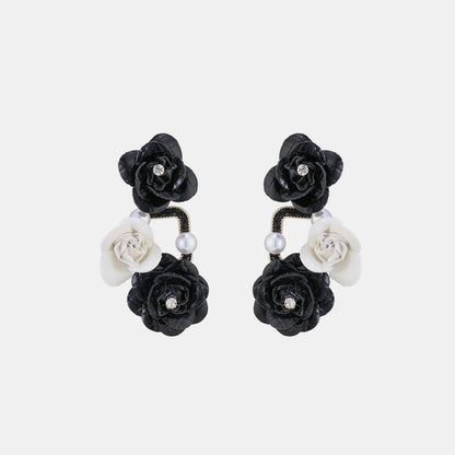 Rhinestone PU Leather Flower Earrings