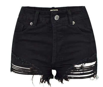 Vêtements pour femmes taille haute irrégulière asymétrique usée gland pur noir denim shorts street punk vêtements pour femmes