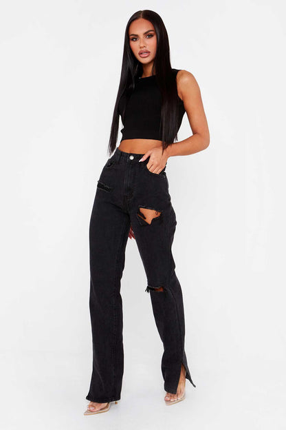 Gerade, schlankmachende, coole schwarze Jeanshose mit hohem Bund und Mop-Saum, geteilte, glatte Micro-Flare-Hose, Damenbekleidung