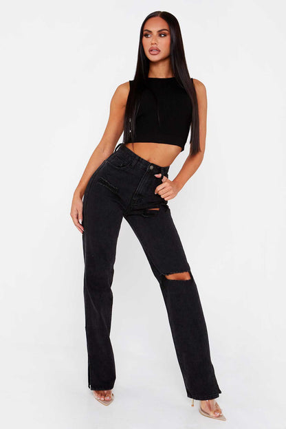 Gerade, schlankmachende, coole schwarze Jeanshose mit hohem Bund und Mop-Saum, geteilte, glatte Micro-Flare-Hose, Damenbekleidung