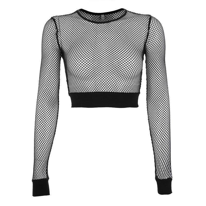 Vêtements pour femmes Sexy Grid Transparent Femmes Tops Manches longues T-shirt moulant Dames