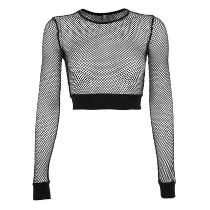 Vêtements pour femmes Sexy Grid Transparent Femmes Tops Manches longues T-shirt moulant Dames