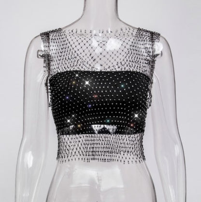 Gilet en maille diamant sexy ajouré avec découpe pour boîte de nuit et discothèque pour femme