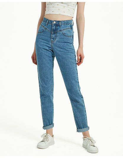 Vêtements pour femmes Pantalon en denim délavé taille haute Slim Straight Street Feet Vêtements pour femmes