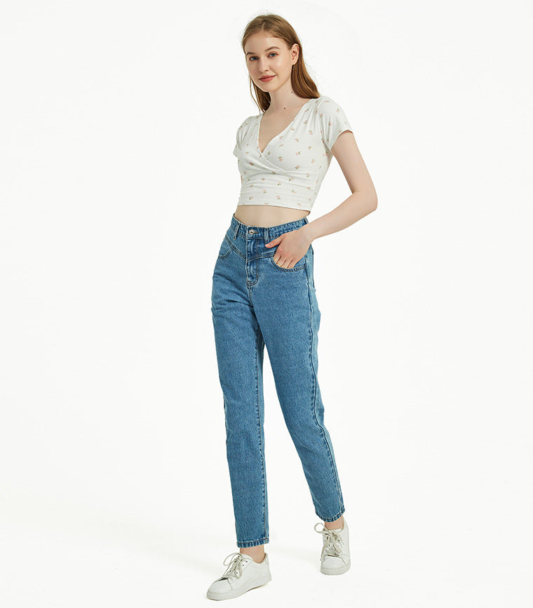 Vêtements pour femmes Pantalon en denim délavé taille haute Slim Straight Street Feet Vêtements pour femmes