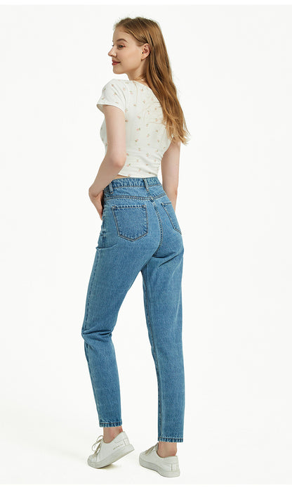 Vêtements pour femmes Pantalon en denim délavé taille haute Slim Straight Street Feet Vêtements pour femmes