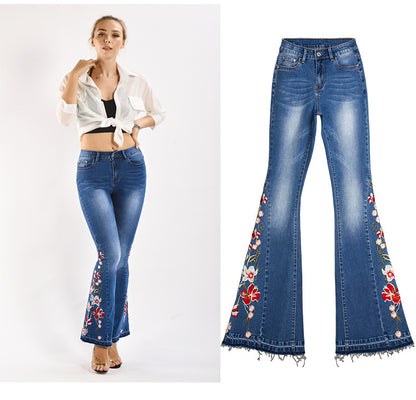 Pantalon en denim à pattes d'éléphant pour femme, broderie machine 3D, pantalon large en denim d'automne pour femme