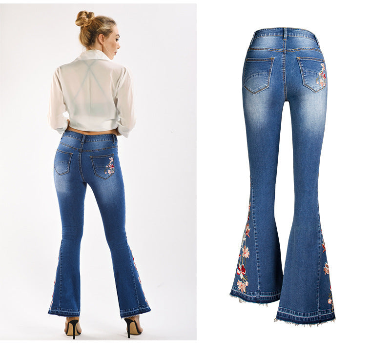 Pantalon en denim à pattes d'éléphant pour femme, broderie machine 3D, pantalon large en denim d'automne pour femme