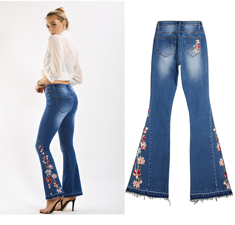 Pantalon en denim à pattes d'éléphant pour femme, broderie machine 3D, pantalon large en denim d'automne pour femme