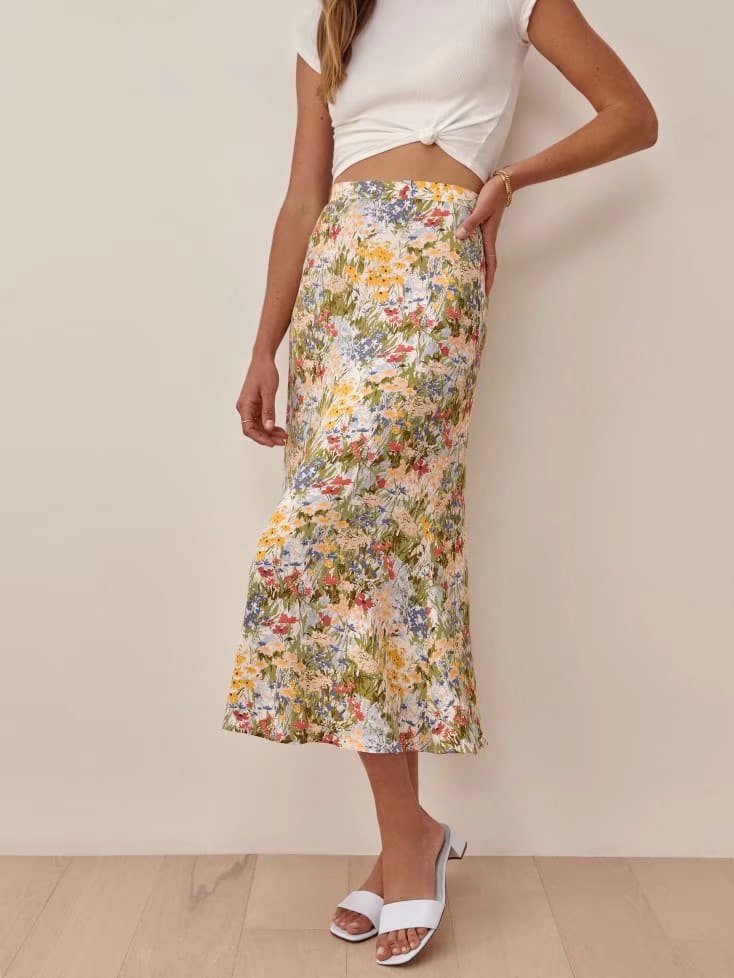 French Sweet Floral Print Summer Wear Korean Women Clothing French High Waist Slimming Skirt