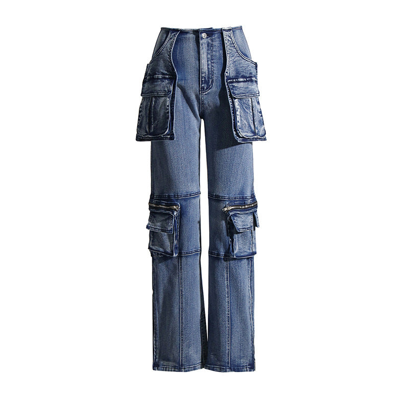 Casual Frauen Jeans Herbst Nähte Große Tasche Gerade Abnehmen Denim Hose