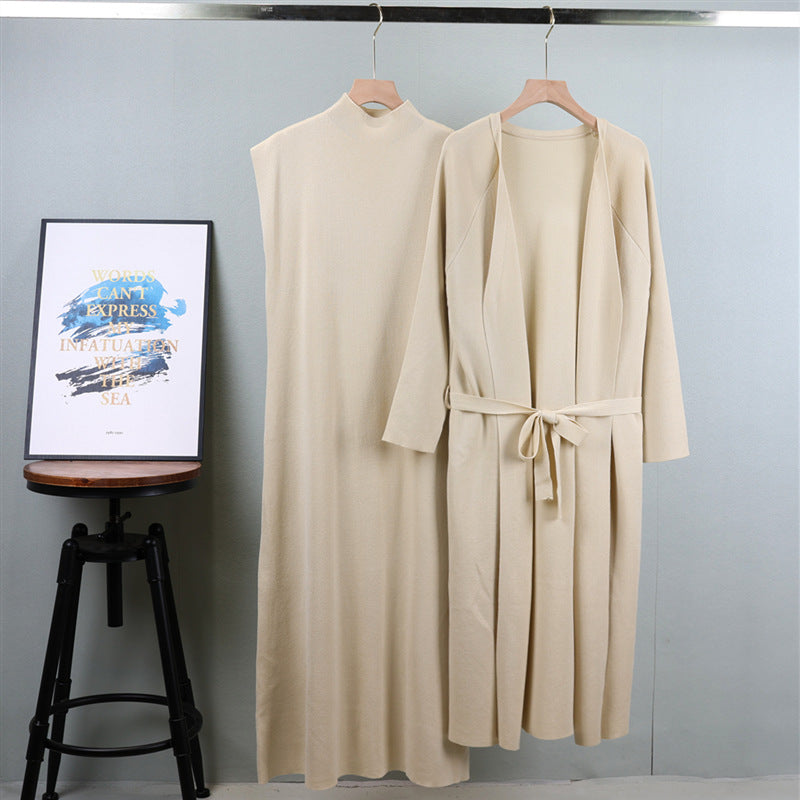 Sleeveless Vest Dress Matching Long Long Sleeve Long Sleeve Cardigan Autumn Two Piece Suit