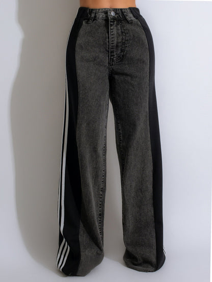 Sommer-Jeanshose mit drei Streifen und weitem Bein für Damen, lässige Hose mit hoher Taille und geradem Bein