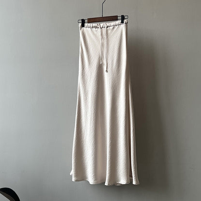 Drawstring Satin Skirt for Women Spring Summer Simple Draping Sheath Dress