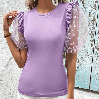 T-shirt à manches courtes et col rond pour femme, vêtement sexy en maille transparente à pois avec coutures floquées