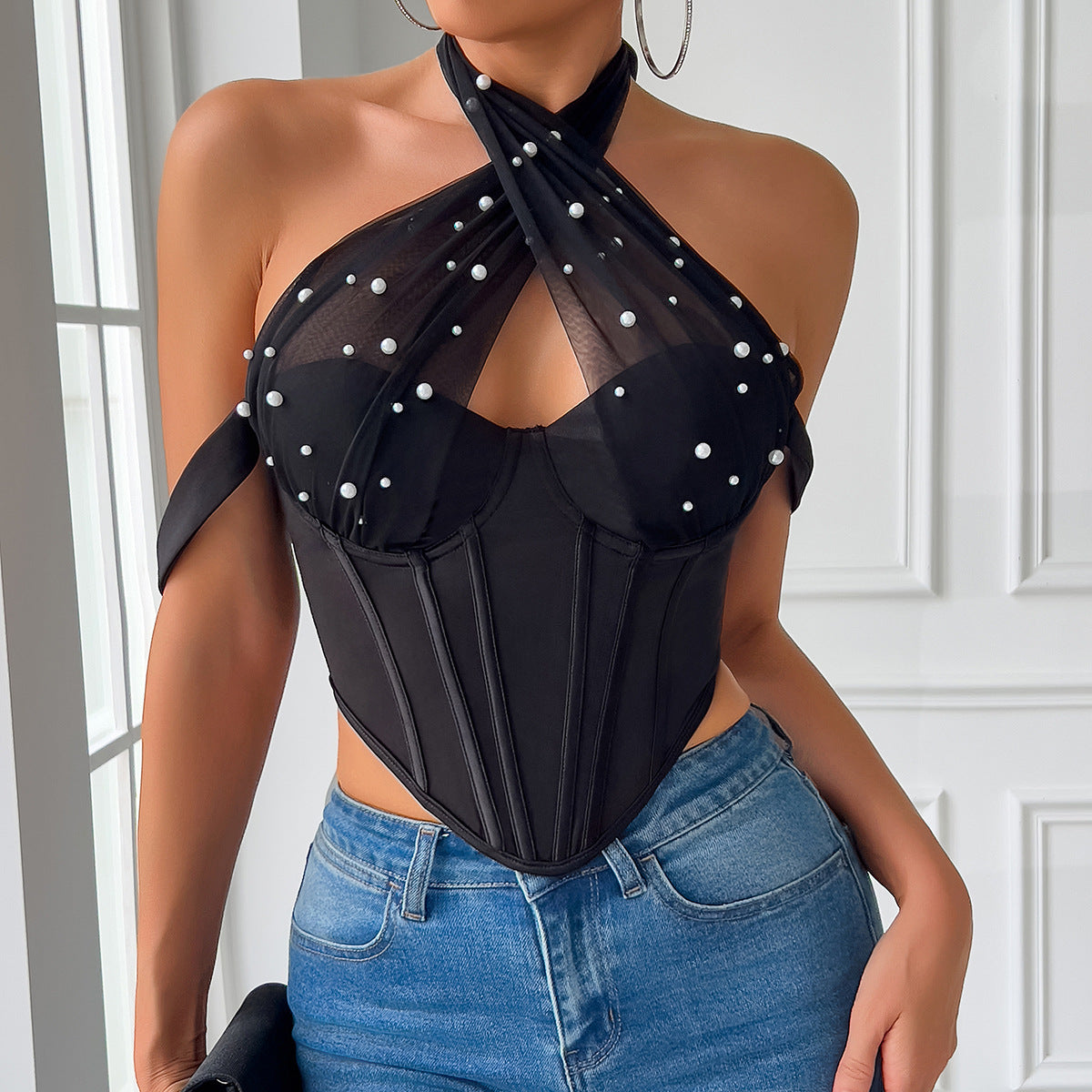 Sexy Pearl Mesh Chest Wrapped Steel Ring Boning Corset Halter Spaghetti Straps Waist Rhombus Vest