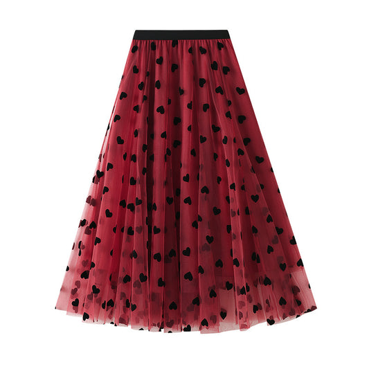 Spring High Waist Love Midi Skirt Puff Mesh Flocking Skirt