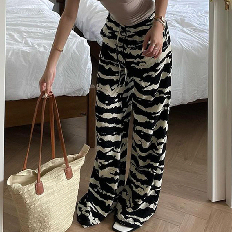 Pantalon tricoté ample à motif zèbre décontracté de rue, couleur contrastée, design de niche, motif animal, pantalon à jambe droite avec cordon de serrage