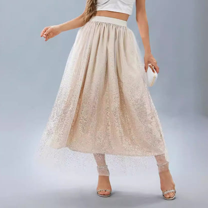 Flash Velvet Arrival Spring Summer Women Clothing Skirt Long High Waist Pleated Gradient Mesh Sequin