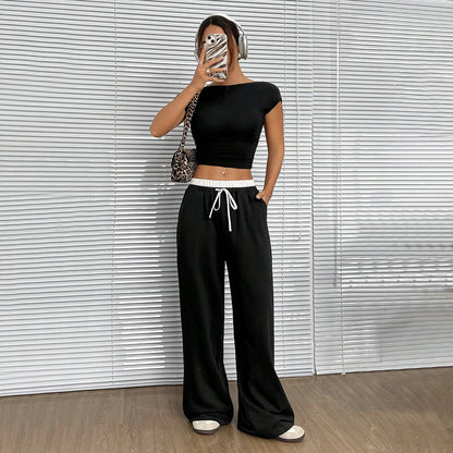 Simple Straight Casual Pants Autumn Winter Loose Slimming Elastic Waist Mop Trousers Women