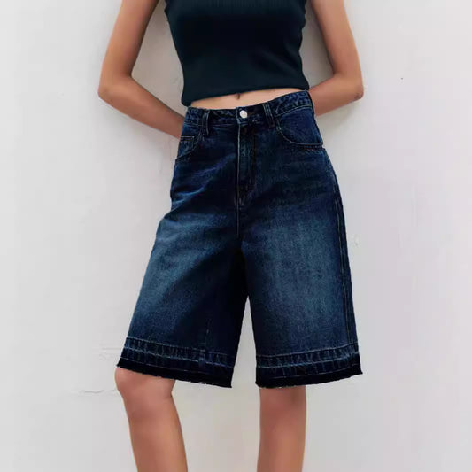 Retro Loose High Waist Casual Denim Middle Pants Women