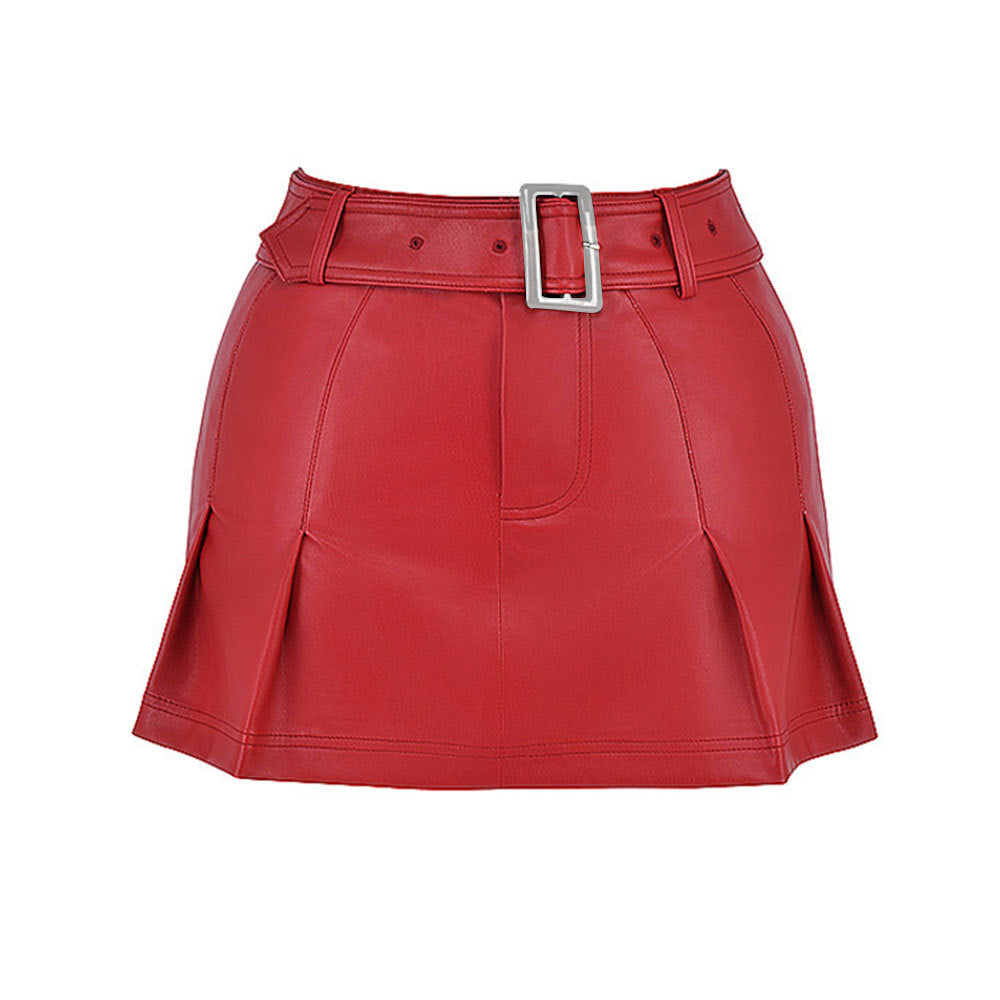 Sexy Hipster Mini Skirt Pleated Faux Leather All Match Office Metallic Belt A line Skirt