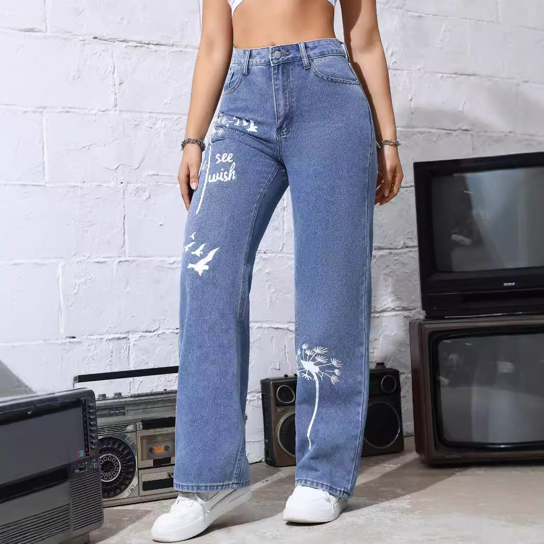 Women Printing Stylish Jeans Women High Waist Baggy Straight Trousers