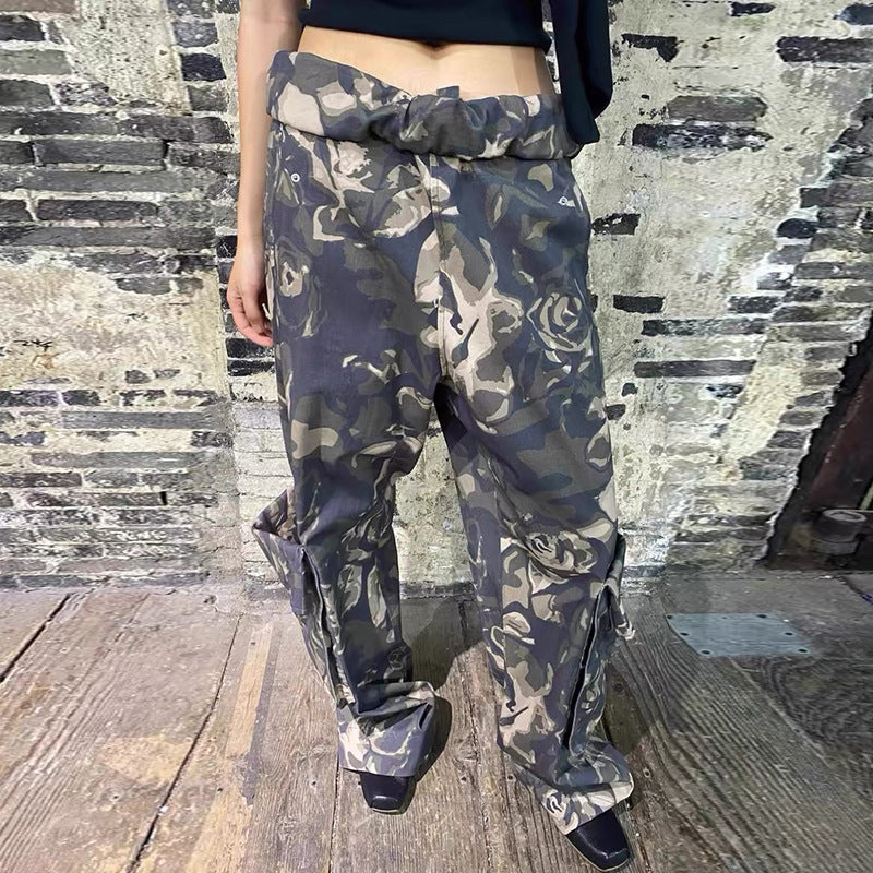 Camouflage-Tasche Patchwork Cargohose Damen Sexy Retro Distressed Leicht gewebte lässige gerade Hose