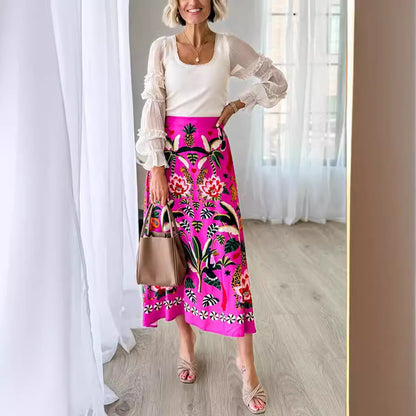 Spring Summer Street Tropical Plant Vintage Print Skirt for Women