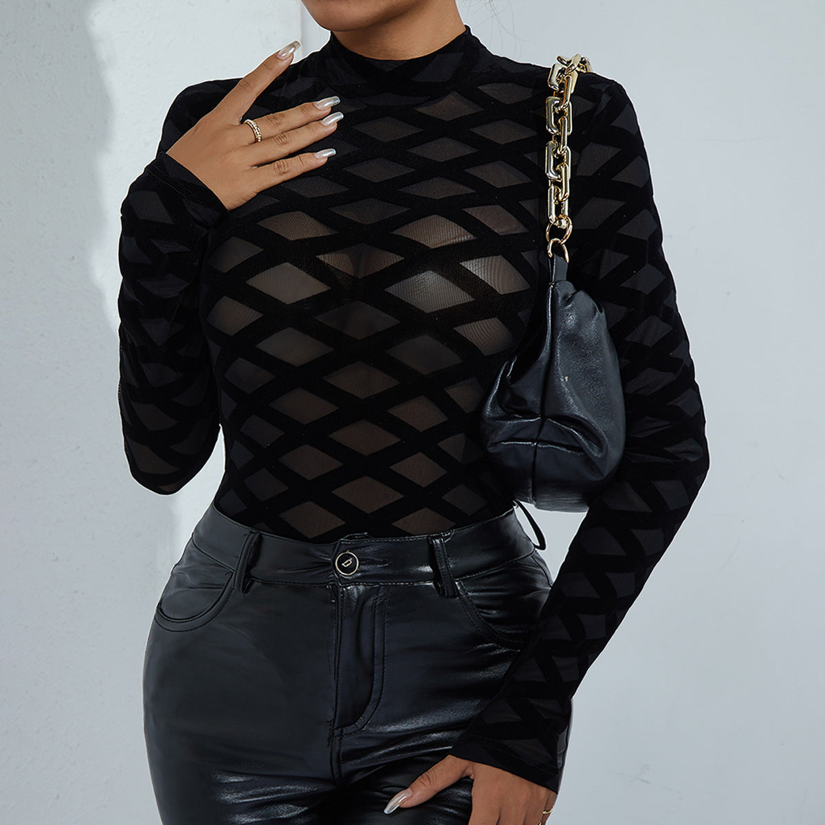 Sexy Night Club Flocking Mesh Design See Through Waist Slimming Long Sleeved Round Neck Jumpsuit