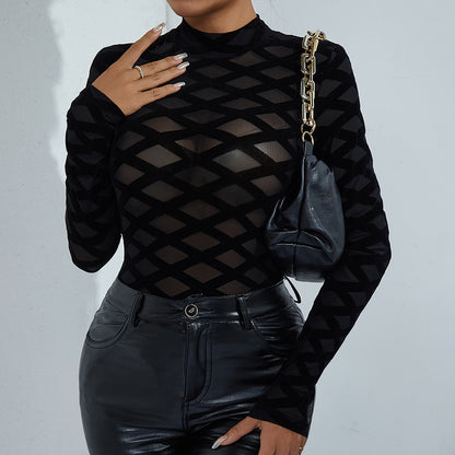 Sexy Night Club Flocking Mesh Design See Through Waist Slimming Long Sleeved Round Neck Jumpsuit