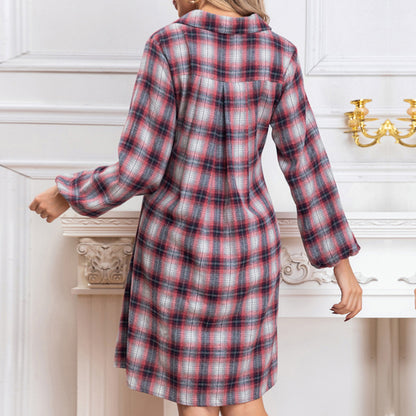 Herbst Winter Frauen Casual Shirt Plaid Einreiher Langarm Kleid