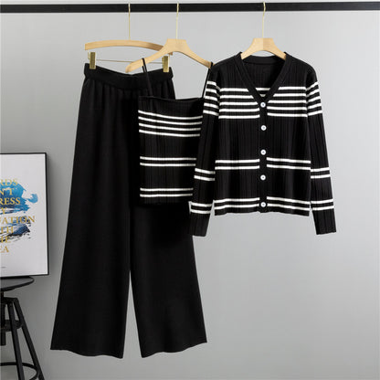 Elegant Three Piece Set Wide Leg Pants Contrast Color Striped Spaghetti Straps Cardigan Coat Women Korean Knitted Autumn