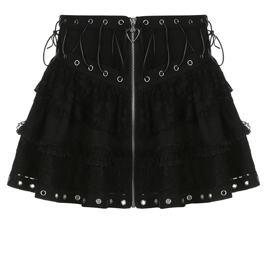 Personality Dark Goth Waist Trimming Lace up Lace Stitching Design Sweet Cool Girl A Line Skirt