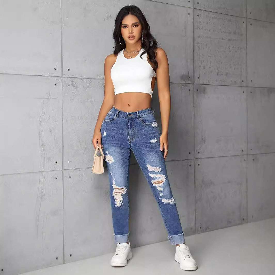 Vêtements pour femmes Pantalon en denim skinny droit déchiré à la mode