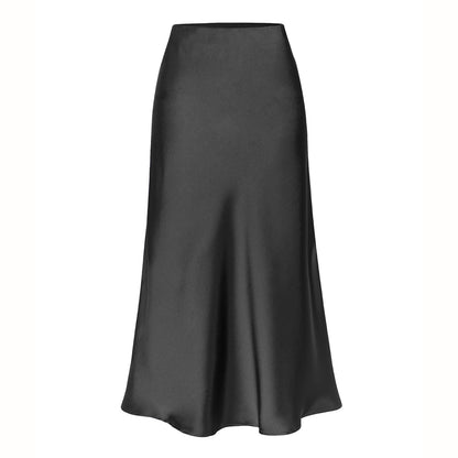 Satin Skirt Elastic High Waist Solid Color Slit Midi Skirt Women Clothing