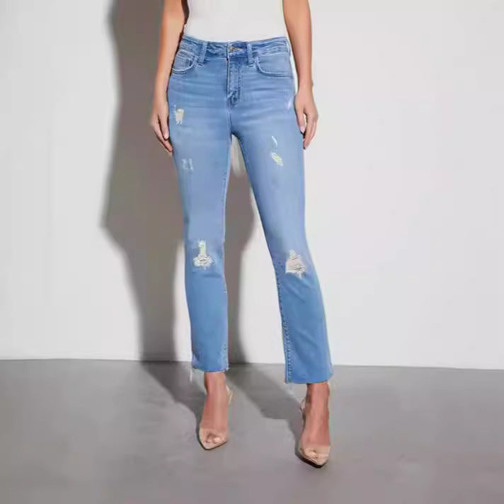 Jean slim taille haute pour femme, pantalon court extensible bleu foncé, coupe slim, printemps-automne