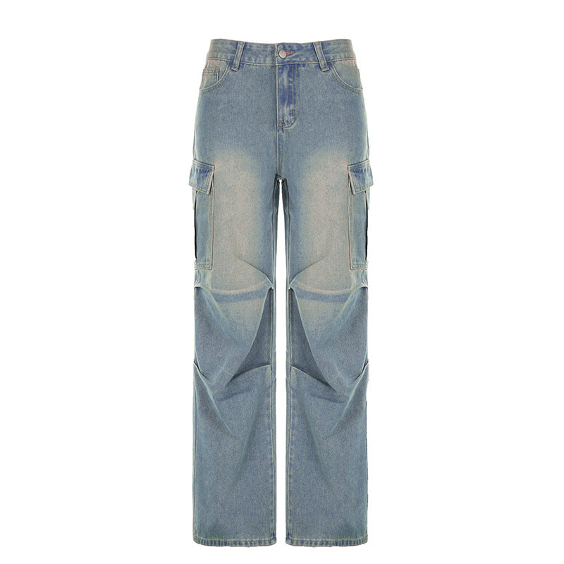 Street Plissee-Jeans mit niedriger Taille, verwaschen, abgenutzt, einfarbig, mit Bördeltasche, gerade, passende Overalls