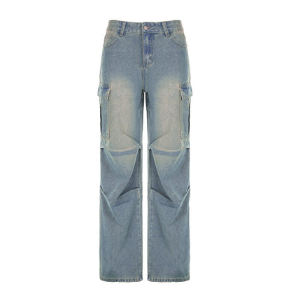 Street Plissee-Jeans mit niedriger Taille, verwaschen, abgenutzt, einfarbig, mit Bördeltasche, gerade, passende Overalls