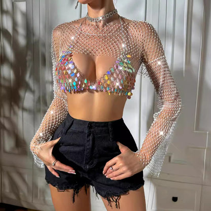 Chemisier sexy à manches longues et dos nu en maille strass populaire pour boîte de nuit, imitation coquillage, perles colorées