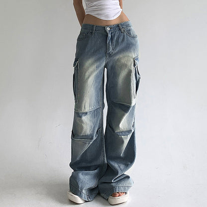 Street Plissee-Jeans mit niedriger Taille, verwaschen, abgenutzt, einfarbig, mit Bördeltasche, gerade, passende Overalls