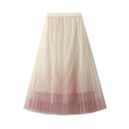 Gradient Color Mesh Skirt Women Spring Summer Mid Length Pleated Skirt High Waist A Line Gauze Skirt