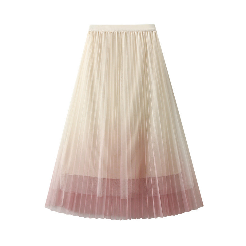 Gradient Color Mesh Skirt Women Spring Summer Mid Length Pleated Skirt High Waist A Line Gauze Skirt