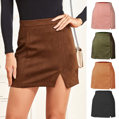 Women Clothing Suede Hip Skirt High Waist Zipper Autumn Winter A line Solid Skirt Women