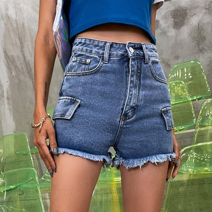 Short en jean droit pour femme Pantalon délavé taille haute en jean foncé