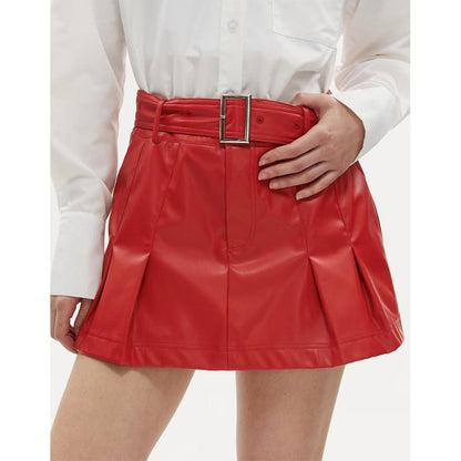 Sexy Hipster Mini Skirt Pleated Faux Leather All Match Office Metallic Belt A line Skirt