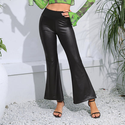 Spring Autumn Elastic Slim Street Stitching Faux Leather Wide Leg Bell Bottoms